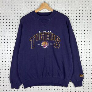 LSU Tigers Vtg Crewneck Medium Purple Gold Embroidered Sweatshirt Lee Sport Y2K